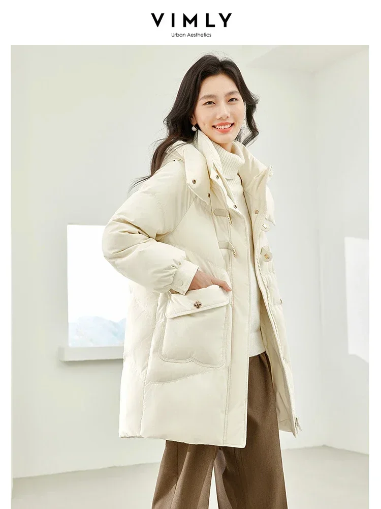 Vimly Women's Long Down Coat Puffer Jackets 2023 Winter Black Hooded Zipper Stand Collar Overcoats Female Warm Outwear 50698