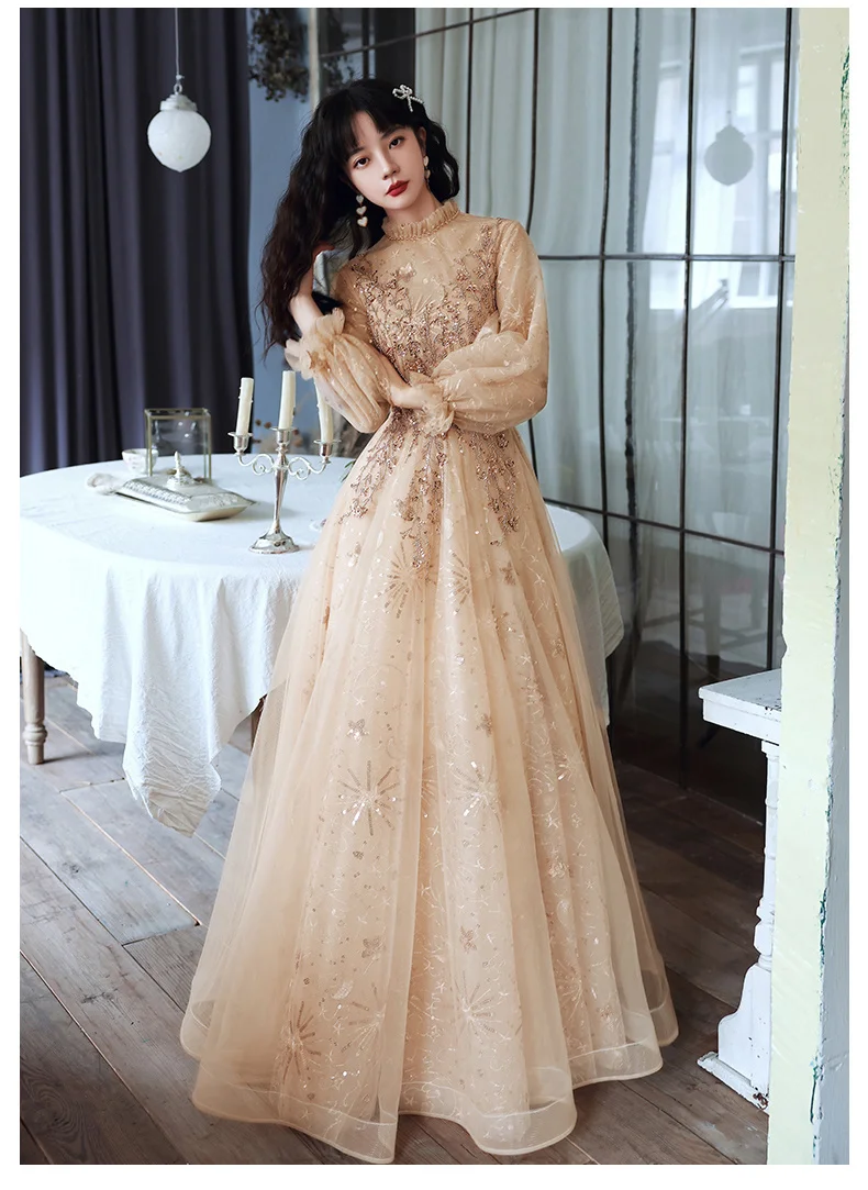 Modest Evening Dresses With Long Sleeves Luxury Appliquies Sequin Tulle Women Dresses Evening 2021 Modest Evening Dresses With Long Sleeves Luxury Appliquies Sequin Tulle Women Dresses Evening 2021