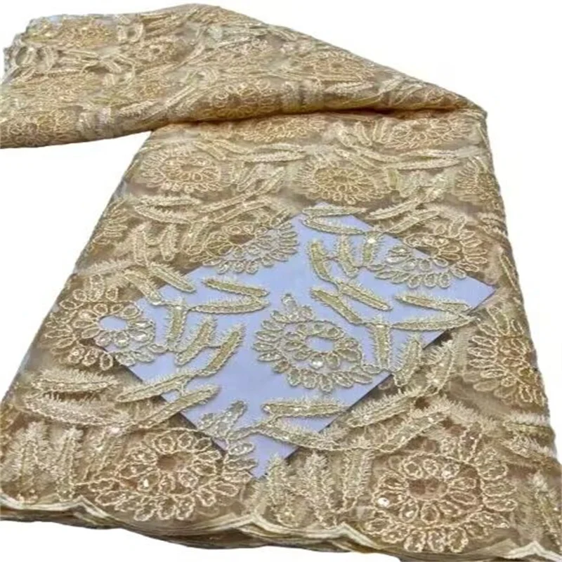 

White French Sequins Tulle Lace Fabric Embroidery Yellow Nigerian Mesh Lace Fabrics 5 Yards African Lace Fabric For Wedding