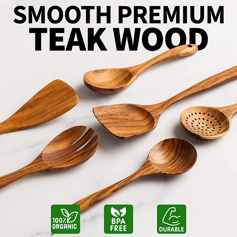 Wooden Spoons for Cooking, 10 Pcs Teak Wood Cooking Utensil Set