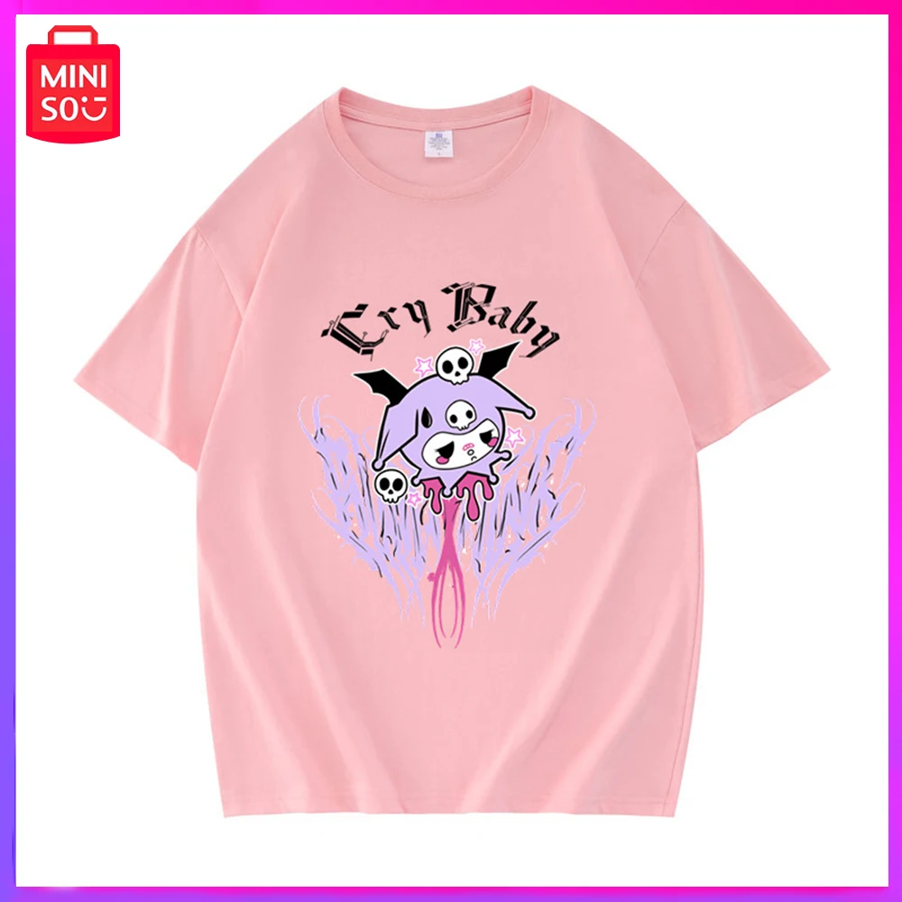

2024 Miniso Sanrio Kuromi New Spring Cute Print Comfortable Casual Cotton T-Shirt Top Pink Birthday Christmas Girl Boy Gifts