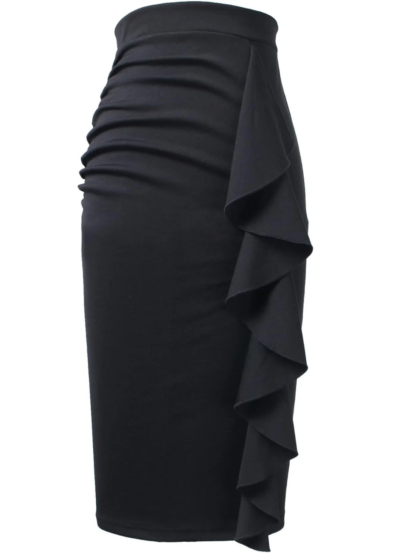 Women's Casual High Waist Skirt for Work Wear Knee Length Skinny Style Ruffle Side Slit Hip Skirt 2