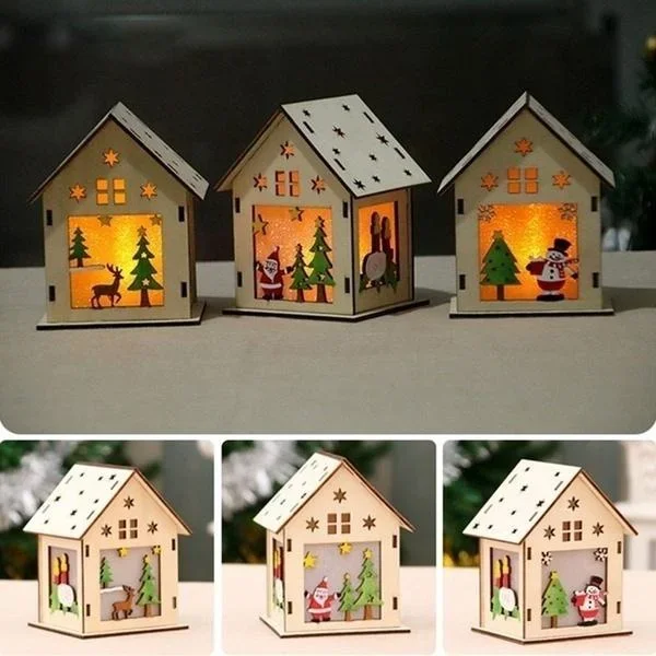 New Christmas Led Light Wood House Cute Christmas Tree Hanging Ornaments Holiday Decoration Home Decoration Accessories