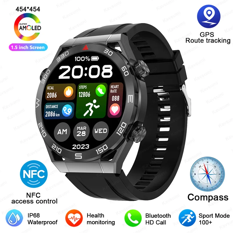 Reloj inteligente NFC para hombre, dispositivo resistente al agua IP68, con  GPS, Pantalla AMOLED HD de 2024x454, brújula, control del ritmo cardíaco