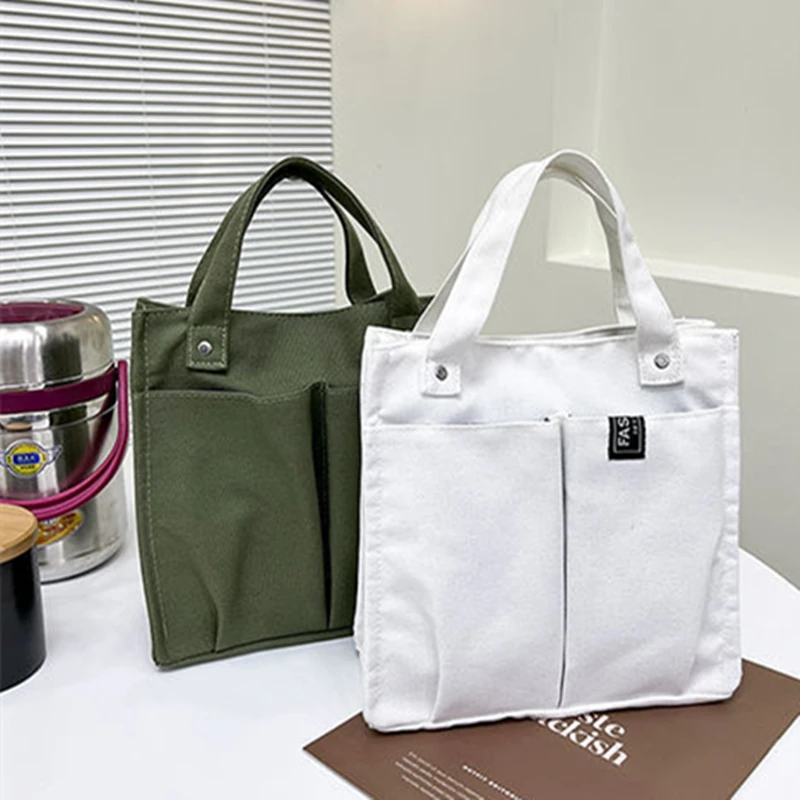 Double Pocket Canvas Lunch Bags Women Shopping Handbag Food Storage Lunch Box Bags Fashion Soild Color Bag For Girls 2023
