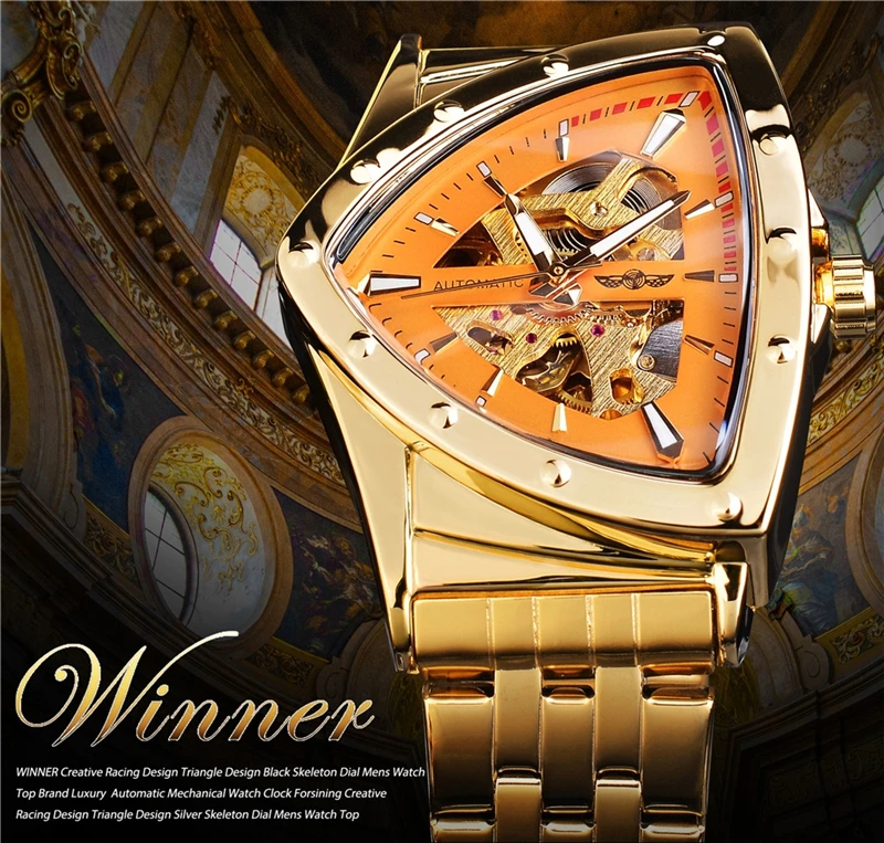 Winner 395S Nuovo orologio da polso meccanico da uomo in acciaio inossidabile dorato impermeabile sportivo da uomo con scheletro triangolare trasparente_voghion.com