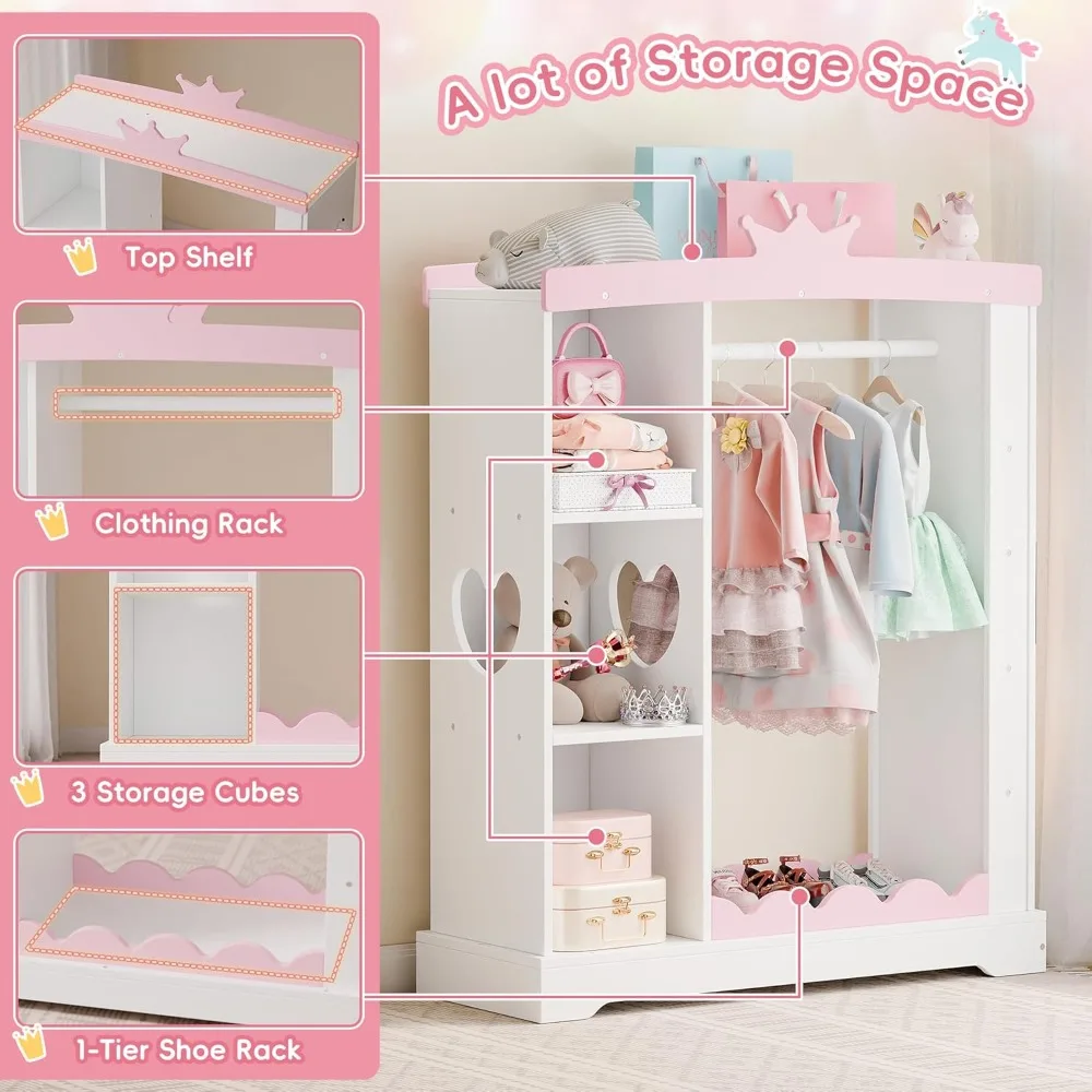 Kids Armoire with Jewelry Cabinet, Dress up Storage with Mirror and Shelves, Princess Dress Closet and Costumes Wardrobe Closet