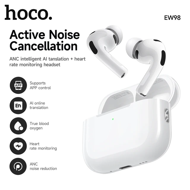 HOCO EW98 ANC AI Translation Heart Rate Monitoring Wireless Headsets For Airpods Pro 3 Bluetooth 6.0 Earphones With APP Function
