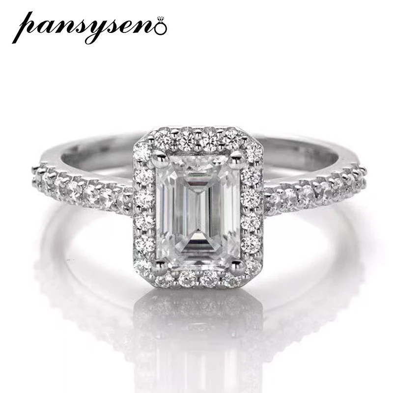 

PANSYSEN 100% 925 Sterling Silver 1CT Emerald Cut Real Moissanite Wedding Rings for Women 18K White Gold Color Fine Jewelry Gift