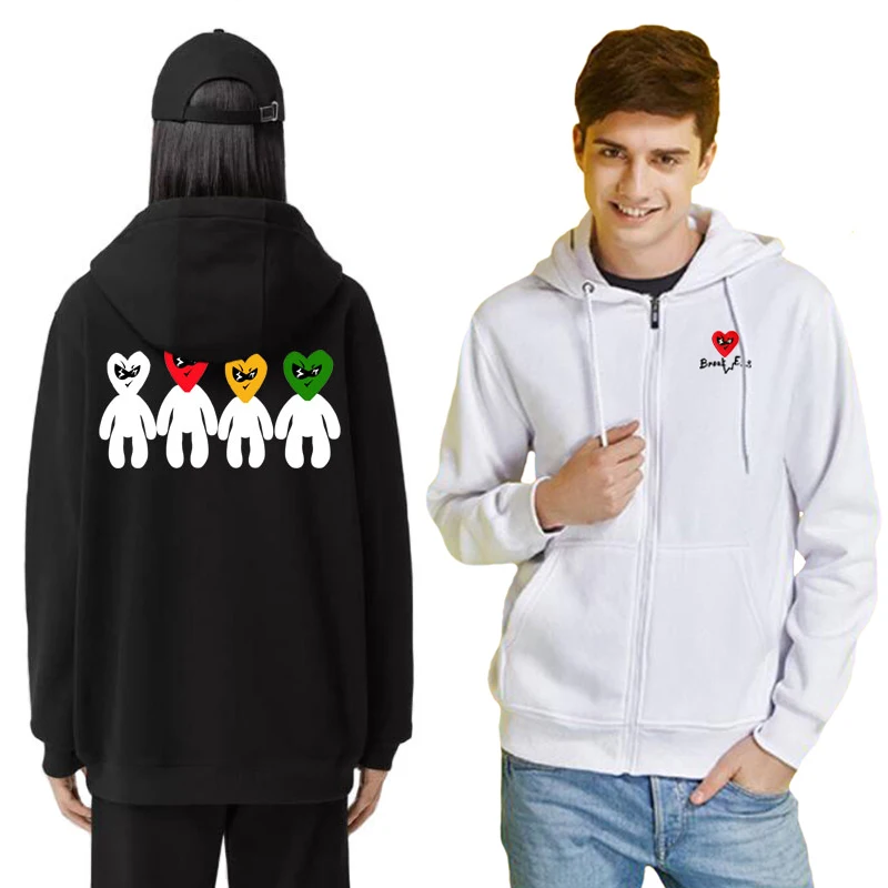 

Break Egg Men Women Hoodie Zipper Cotton Heart Glasses Embroidery Back Cartoon Multiple Colorful Men Print Thick Pocket Hoodie