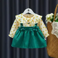 New Girls' Large Polo Collar Spring and Autumn Dress Children's Flower Print Spliced Solid Color 3D Flower Princess Dress 6