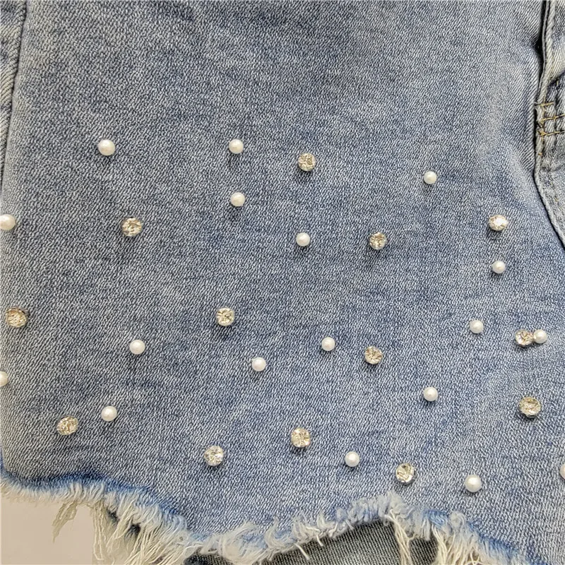 Summer Heavy Industry Beads Three-Dimensional Flower Hot Pants High Waist Loose Elastic Wide-Leg Denim Shorts Women Clothing