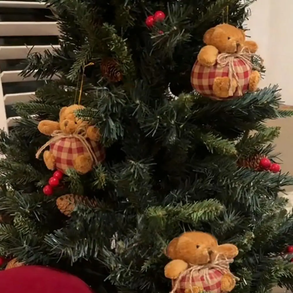 2Pcs 10cm Mini Plaid Bear Ornaments Christmas Tree Hanging Decor Cute Bear Keychain Festive Xmas Stocking Plush Stuffer Gifts