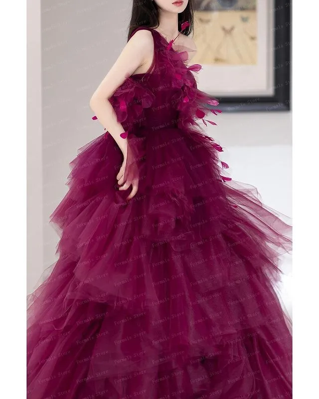 One Shoulder Purple Tulle Ball Gown Layered Fluffy Dress With Feather Long Evening Dresses Elegant Dresses For Women Prom plus size formal dresses & gowns Evening Dresses