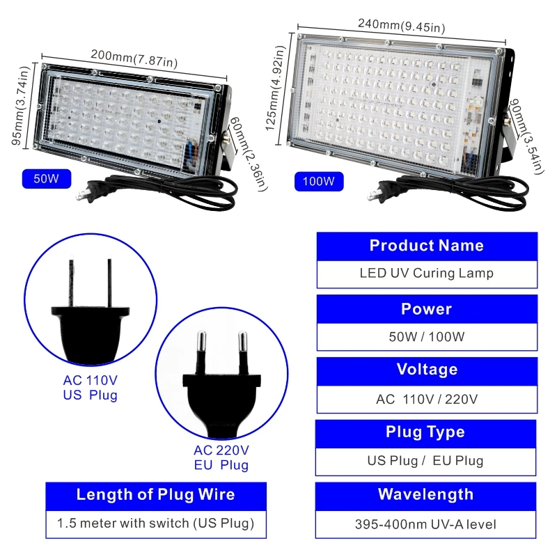 UV Floodlight Led UV Floodlight 110V 220V 50W 100W Party Light 395nm 400nm IP65 Waterproof Ultraviolet Fluorescent Stage Lamp with US/EU Plug