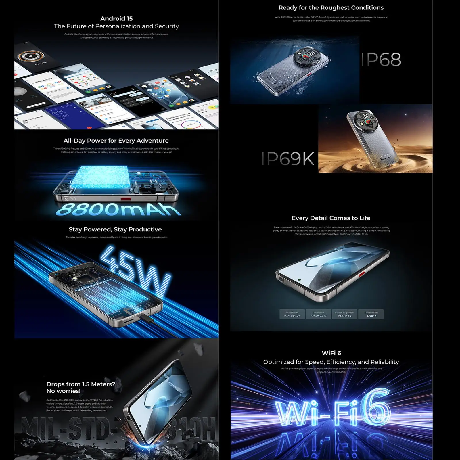 Oukitel WP200 Pro 5G Rugged Phone 24GB+1TB 6.7'' Android 15.0 MTK Dimensity 8200 108MP Main Camera 8800mAh NFC 5G Smartphone