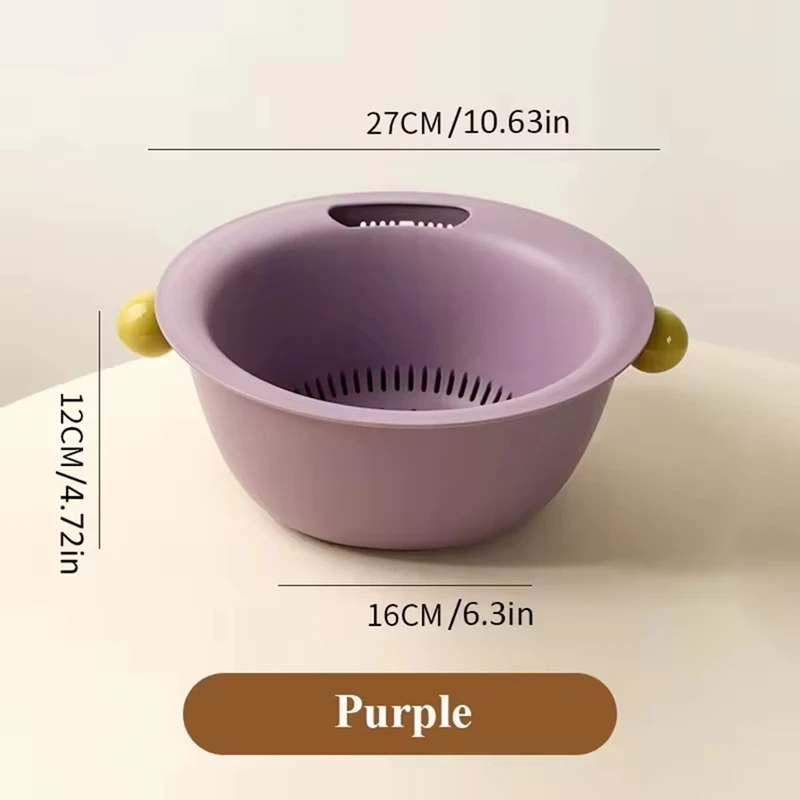 Multifunctional Double Layer Vegetable And Fruit Washing Basket, Cute Round Solid Color Design, Thickened For Durabilityabkw