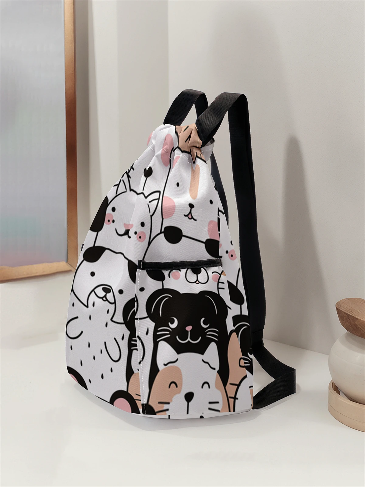 Cartoon Dog Pattern Drawstring Backpack - Large Capacity Durable Fitness Bag, Adjustable Shoulder Straps, Sports Beach Backpack