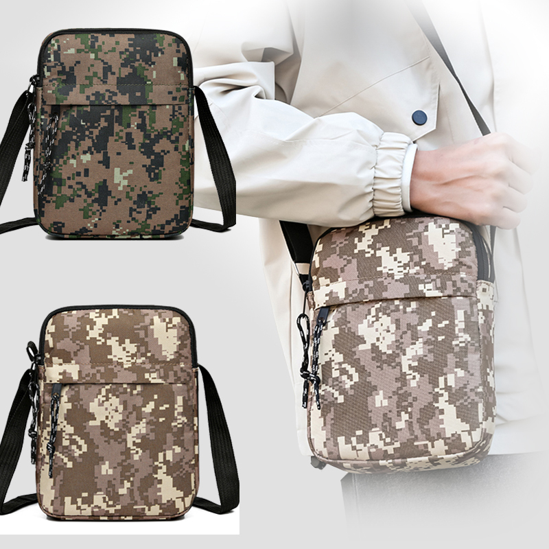 Men's bag can be carried on one shoulder in a camouflage style. It features a commercial adjustable shoulder strap.