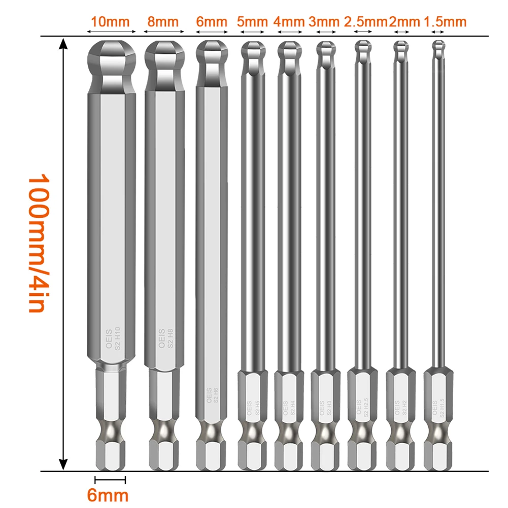 

Ball End Hex Screwdriver Bits 100mm Length Metric H1.5-H10 6.35mm Hex Magnetic Ball Driver Bit Alloy Steel Magnetic Ball Head