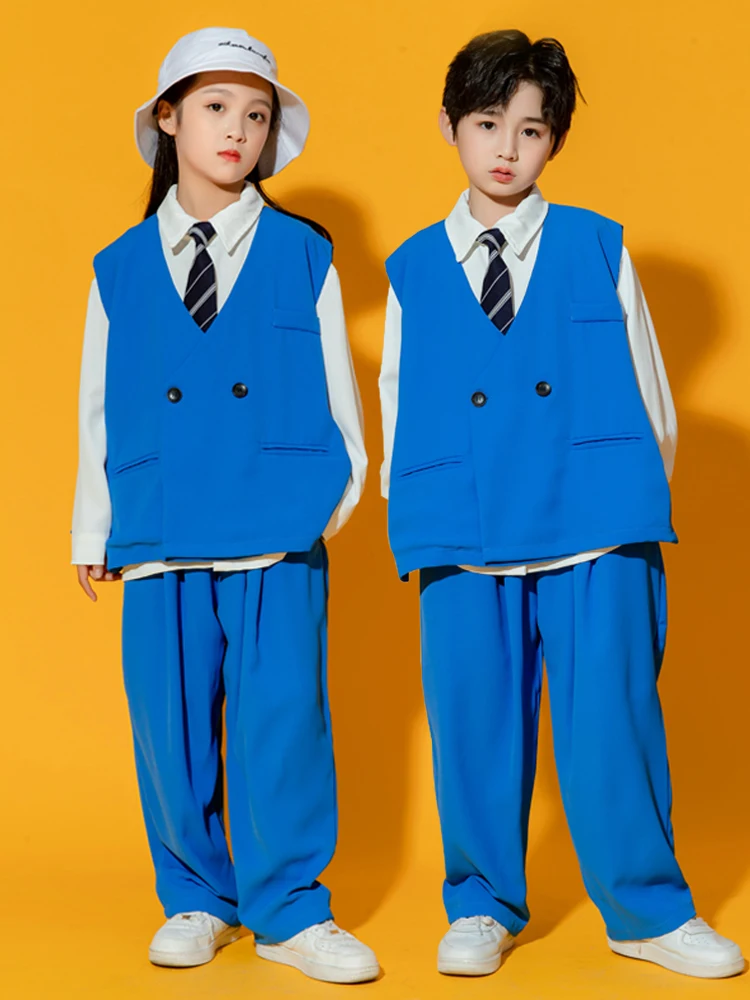 

Hip Hop Performance Wear Girls Jazz Outfit Kids Concert Stage Costume Loose Blue Vest Pants Shirt Suit Boys Street Dance