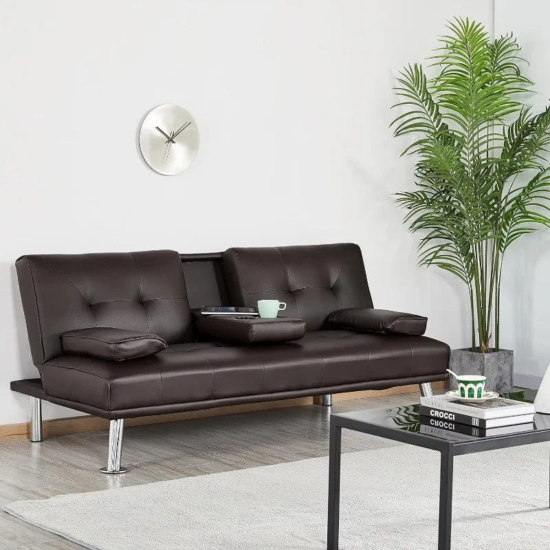 Modern Sofa Bed Faux Leather Sofa Convertible Folding Futon Couch with Armrest Home Recliner Home Furniture