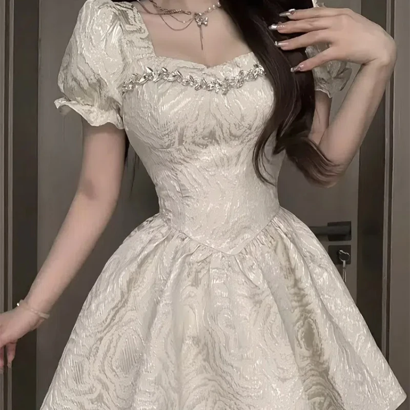 

Summer Puff Sleeve Fresh Sweet Lolita 2024 Patchwork O-Neck Folds Fashion Solid Slim Minimalist Casual Short Sleeve Dresses