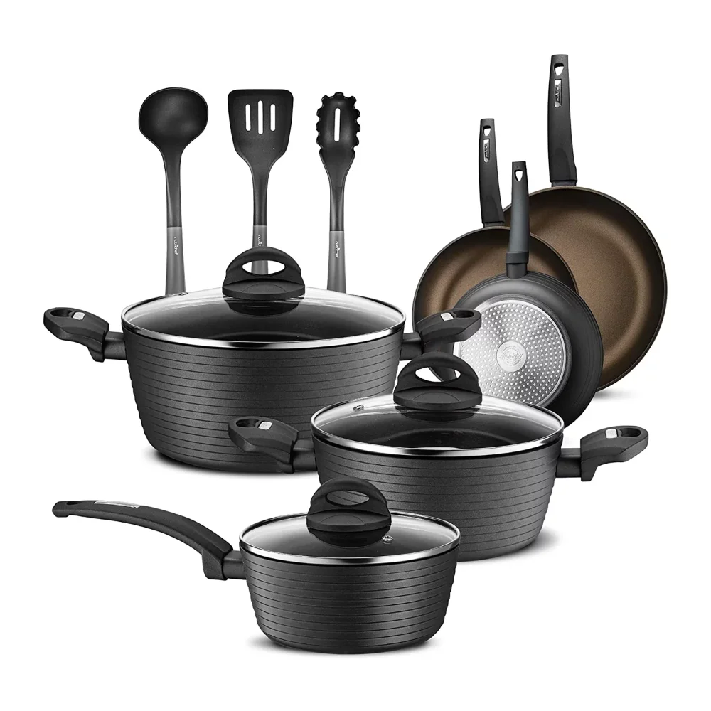 

NutriChef Ridge Line Nonstick Kitchen Cookware Pots and Pan, 12 Piece Set, Gray