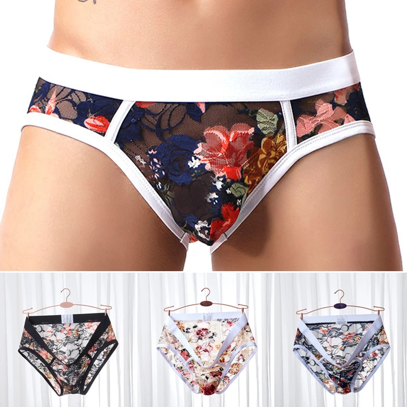 

Floral Pattern Mens Briefs Sexy Low Waist Lace Briefs See-Through Breathable Underpant Male Underwear Intimates Underpants
