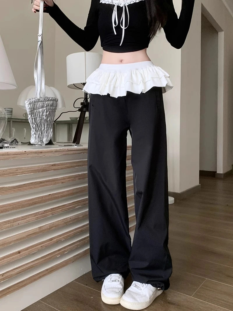 

Deeptown Korean Style Black Wide Leg Pants Women Aesthetic Sweet Girl Patchwork Sweatpants Kpop Casual Elastic Pantalones Mujer