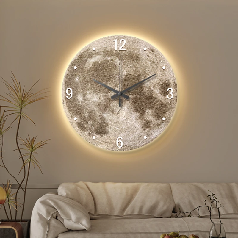 

Creative Moon Wall Clock Living Room Decoration Sandstone Art Painting Wall Clock Home Modern Design Clock Wall Lamp Home Decor