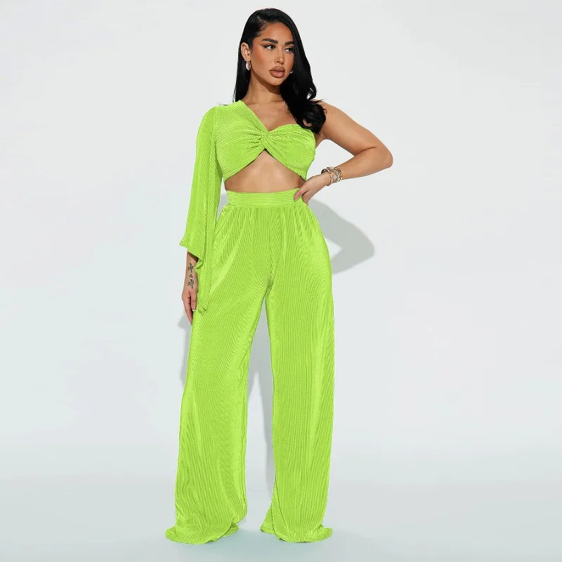 

WUHE Casual Pleated Green Single Shoulder Top and Wide Leg Pants Set Womens Tracksuit Female Night Club Outfits Workout Overalls