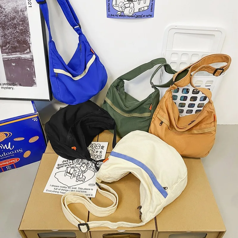 2025 Japan Style Minimalist Canvas Crossbody Bag, Large Capacity Lightweight Dumpling Shoulder Purse for Travel Solid Color