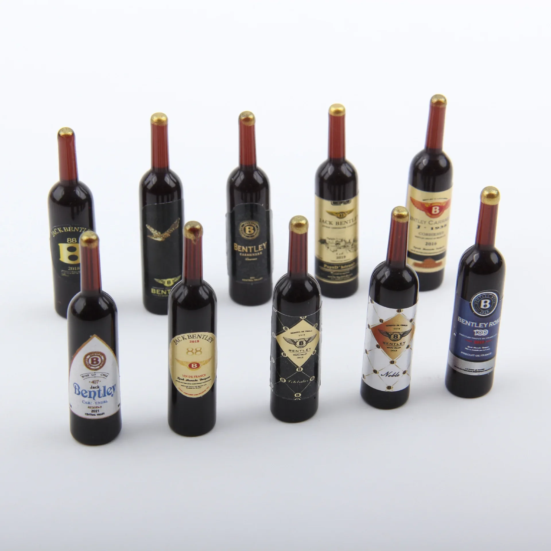 10-Piece Miniature Whisky and Wine Bottle Set for Dollhouse Bar or Kitchen Decor
