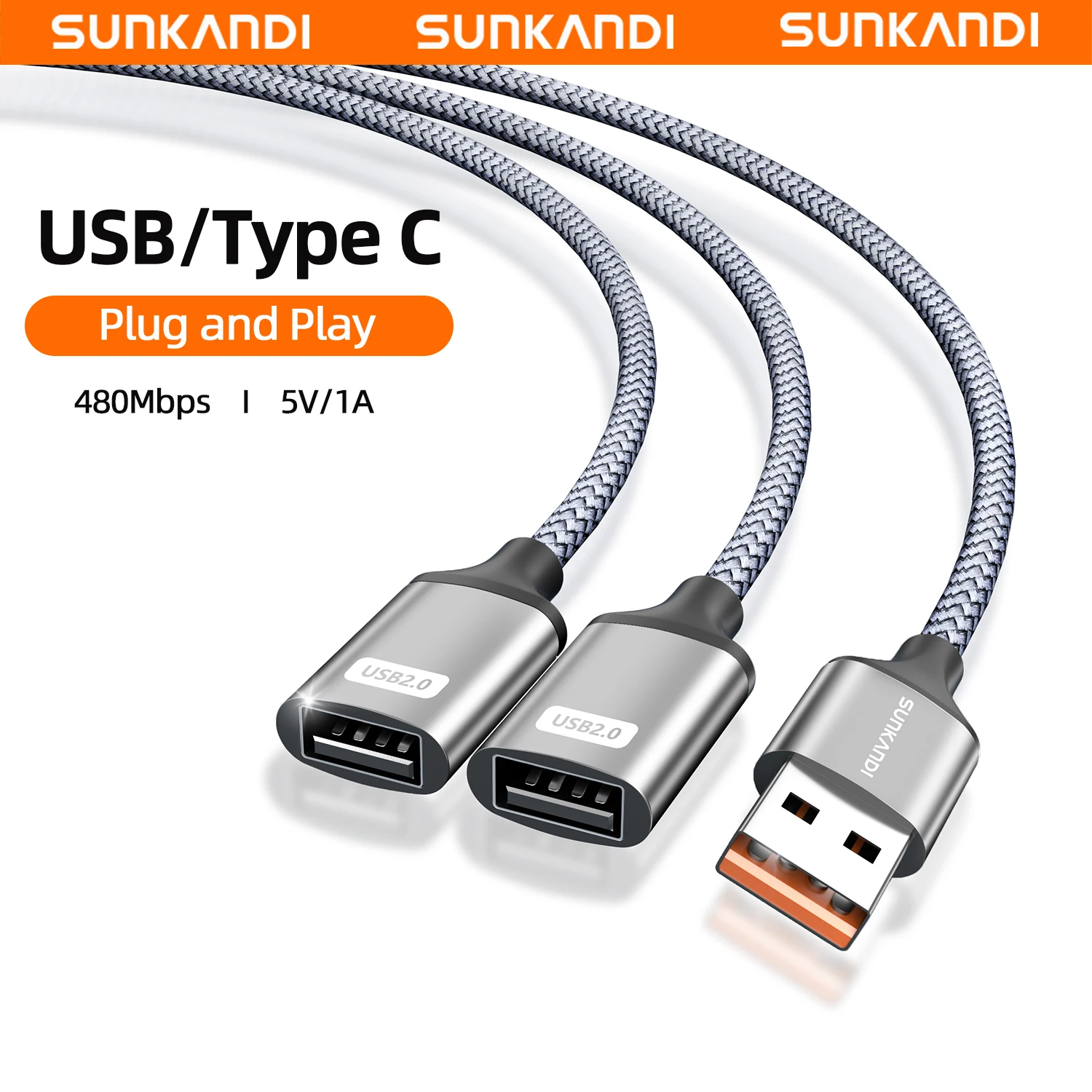 SUNKANDI Dual USB Female Hub Extension Cable
