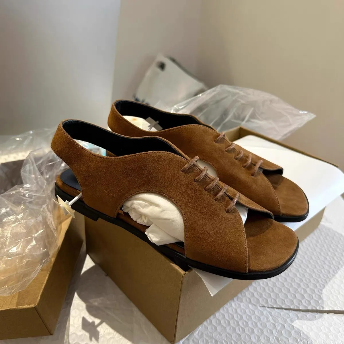 NEW Brown Flat Sandals Buckle Slingback Suede Women's Sandals Newest Summer Low Heels Casual Beach Shoes Sexy