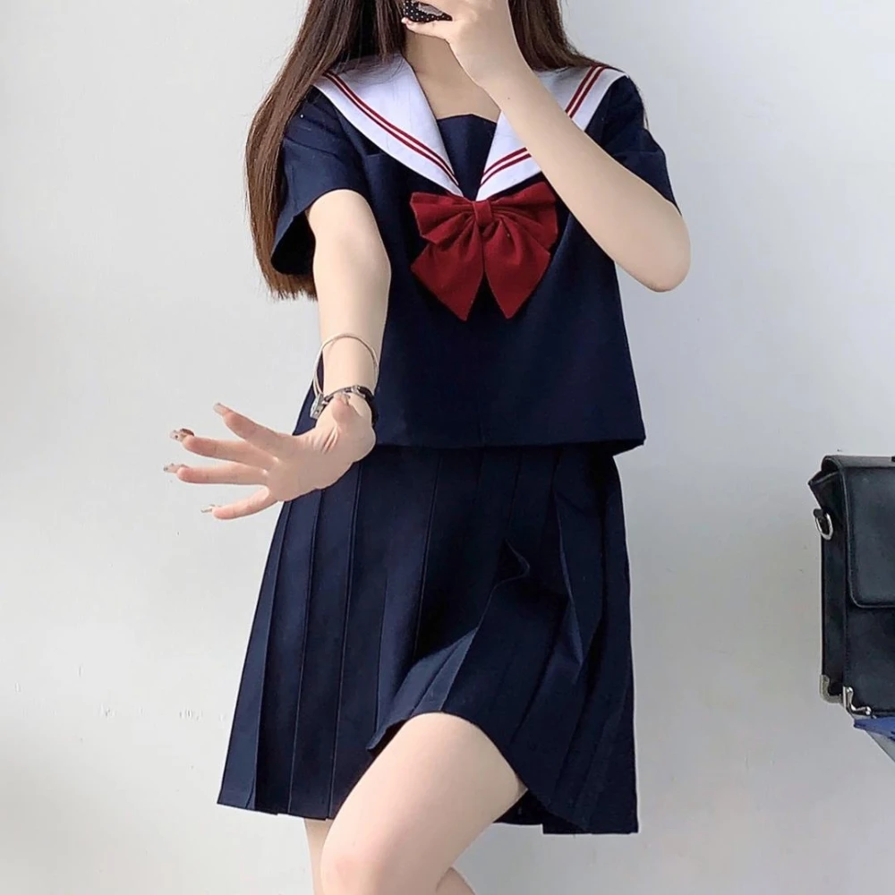 

Basic JK White Collar Two-Lines Schoolgirls Uniform Japanese Style Clothes Sailor Suits Pleated Skirt Anime COS Costumes Women