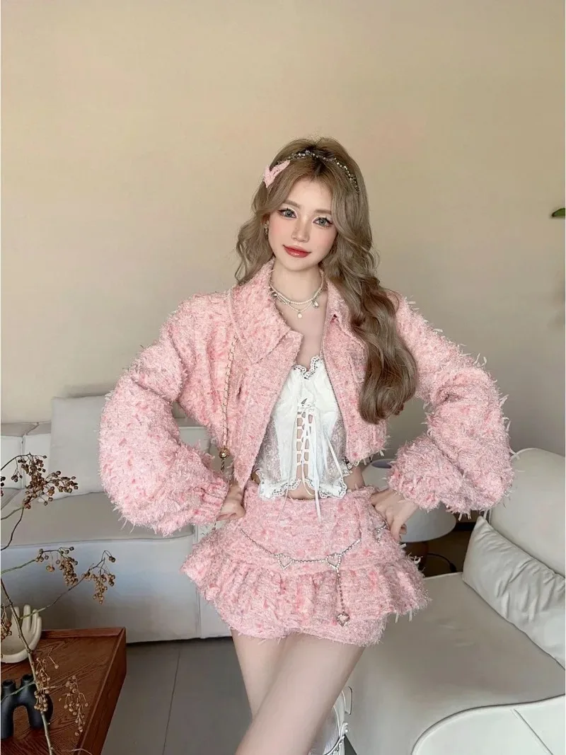 

Korean Sweet Tassel Coarse Tweed Coat Hip Wrap Pantskirt Two-piece Set Women Fashion Lapel Spicy Temperament Slim Spring Suit