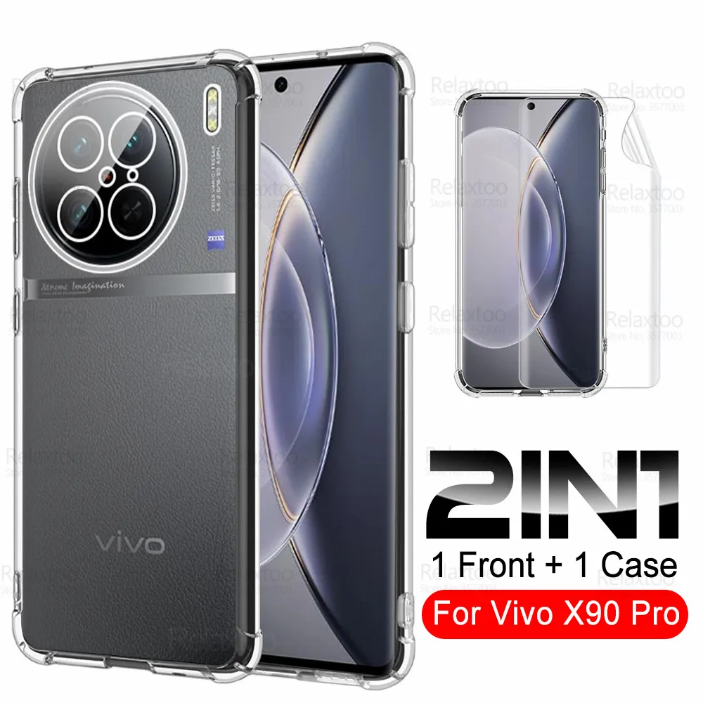 For Vivo X90 Pro Case 2In1 Hydrogel Film Transparent Cover On Vivox90 X90Pro Plus X 90 Proplus Camera Shockproof Silicone Coque