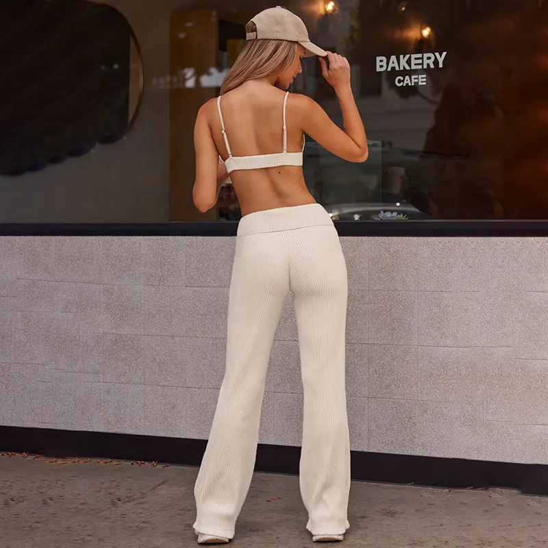Solid Color Ribbed Knitted Casual Straight Leg Pants Women 2023 Autumn and Winter Elastic High Waist Sports Trousers Streetwear