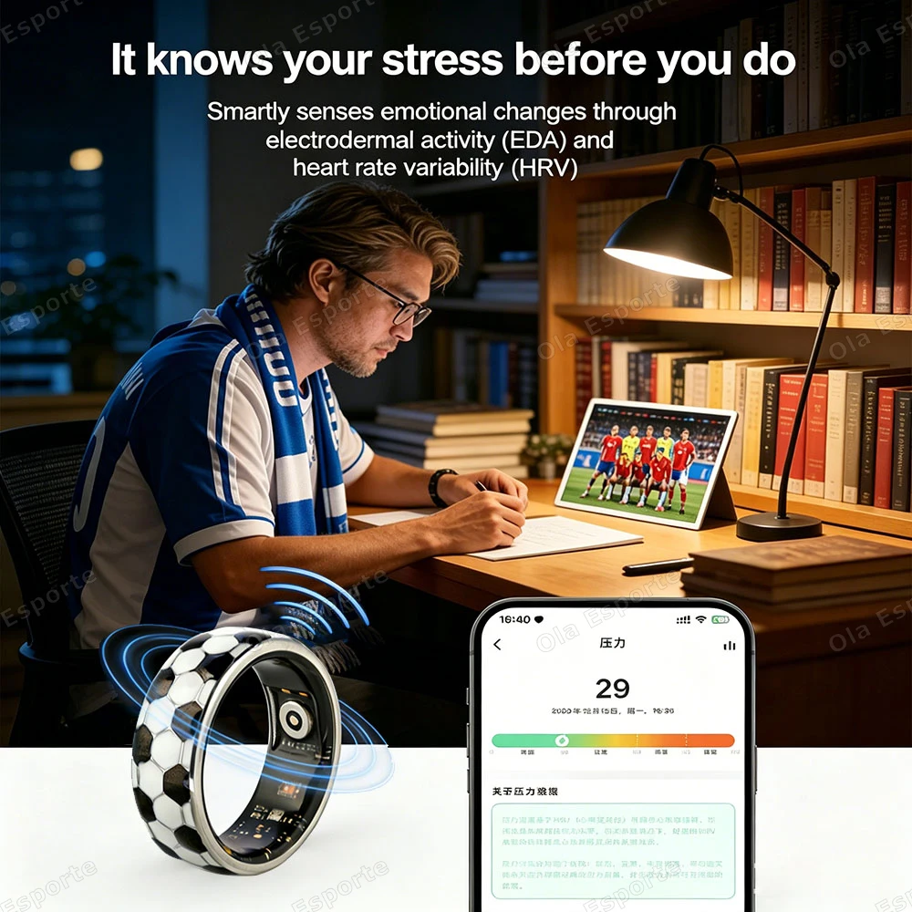 Nuovo Anello Smart con Motivo Calcistico, Impermeabile 5ATM, 128 Modalità Sportive, Monitoraggio 24H di Frequenza Cardiaca, Pressione Sanguigna e Stress, Anello Smart 2026 - immagine 3