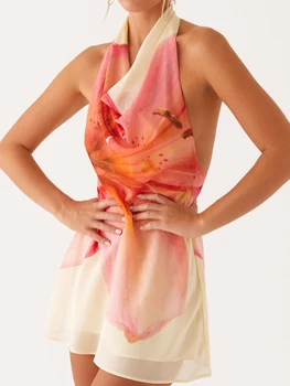 Elegant Floral Print Sleeveless Halter Neck Mini Dress for Women Perfect for Summer Parties Clubbing and Vacations 1