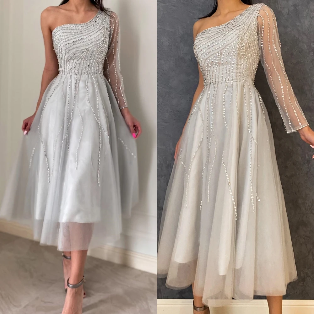 

Fashion High Quality Asymmetrical One-Shoulder Ball Gown Evening Dresses Paillette / Sequins Tulle vestidos eventos especiales