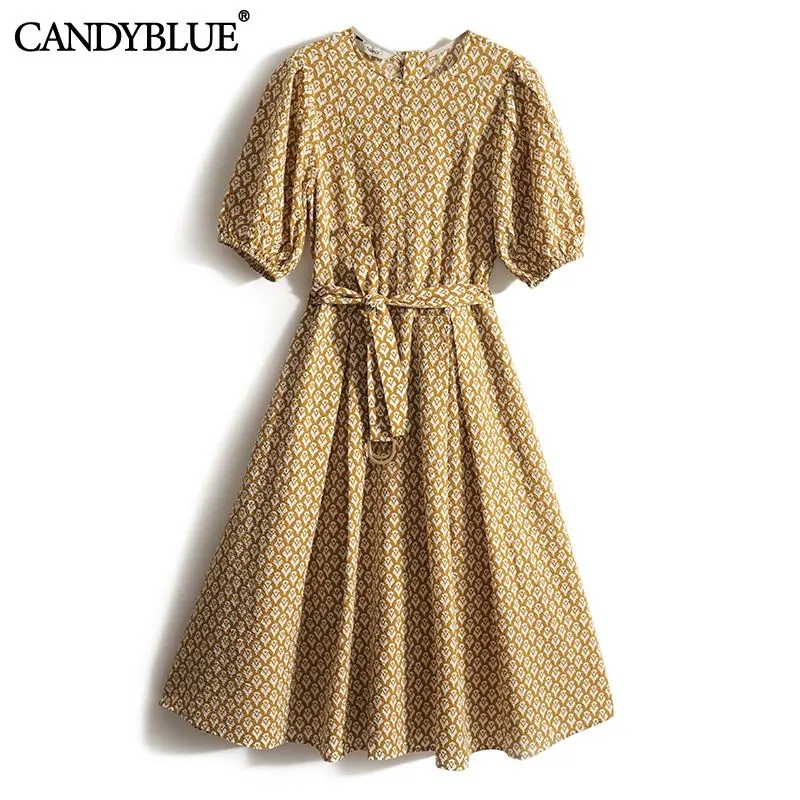 

Женское Хлопковое платье с принтом, элегантное винтажное платье-трапеция до колена с круглым вырезом и коротким рукавом, на шнуровке, желтого цвета, 2022