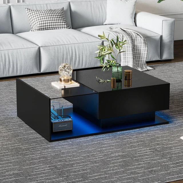 Table basse rectangulaire avec dessus en verre brillant LED et tiroirs, table d'appoint pour salon 1