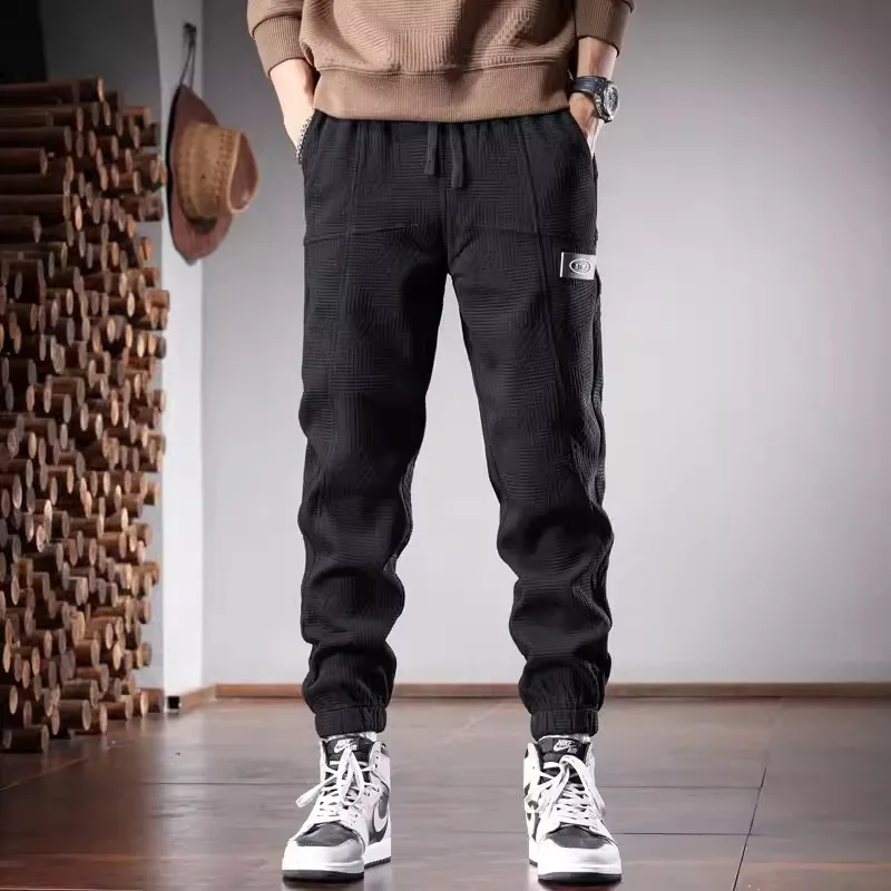 Autumn Black Elastic Waist Pants Men Casual Baggy Pencil Pants Streetwear Clothing Korean Style Drawstring Jogging Trousers
