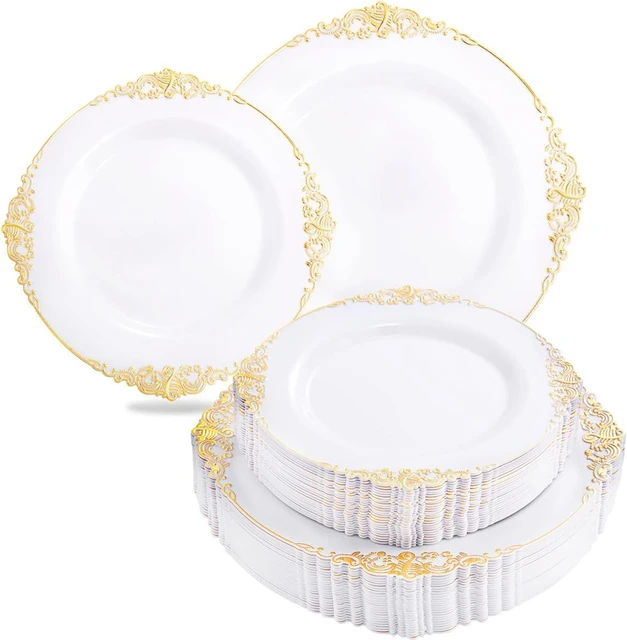 Black Plastic Plates with Gold Rim-Lace Design Party Plates