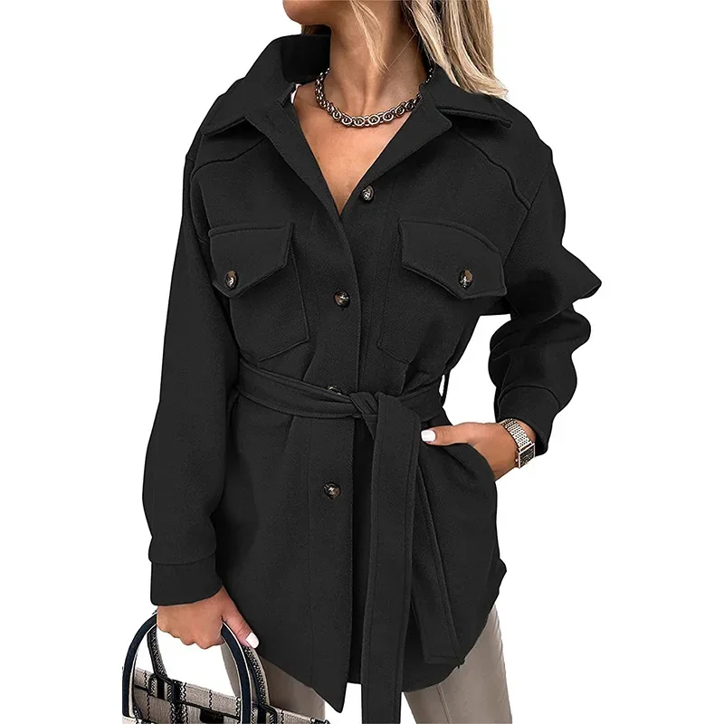 Autumn and Winter New 2024 Products Ladies Lapel Long-sleeved Single-breasted Lace Woolen Mid-length Coat Trendy Casual Jacket
