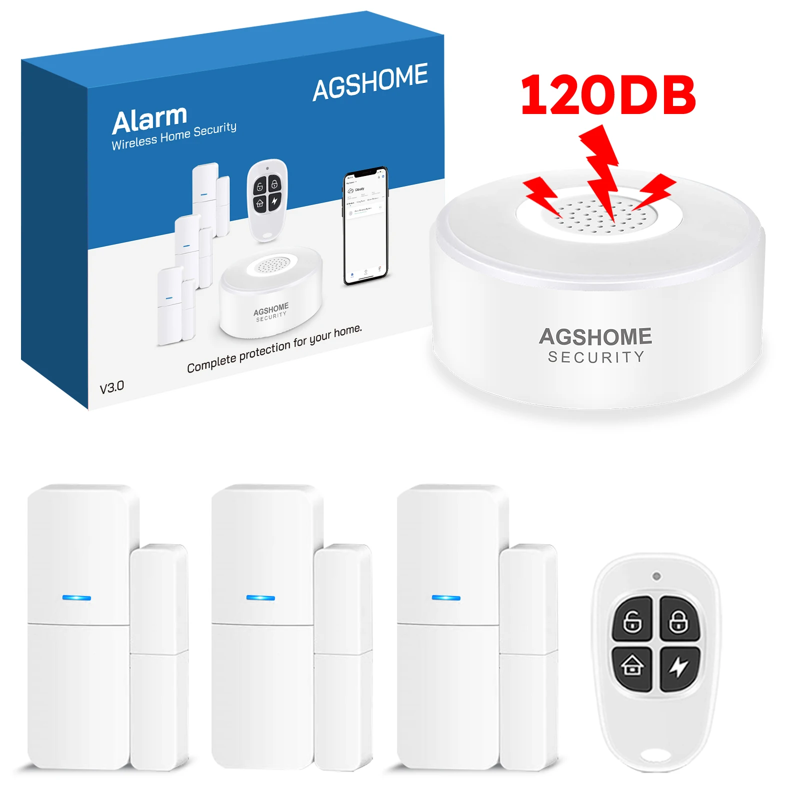 Door Window Sensor Smart Sound Light Siren Sensor AGSHOME-Tuya WiFi Door Smart Home Security Alarm System 120DB Siren Hub App Remote Control Alexa Google Burglar Security