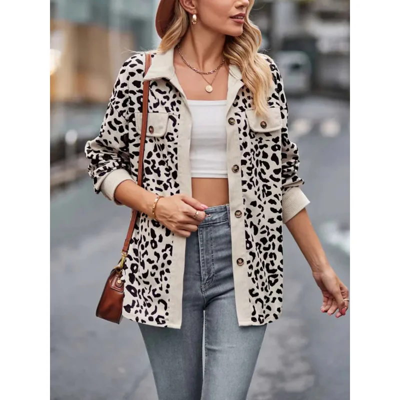 

Sandro Rivers 2023 Autumn Leopard Jacket Women Corduroy Jacket Coat Women Overshirt Long Sleeve Winter Loose Shirt Jackets For W